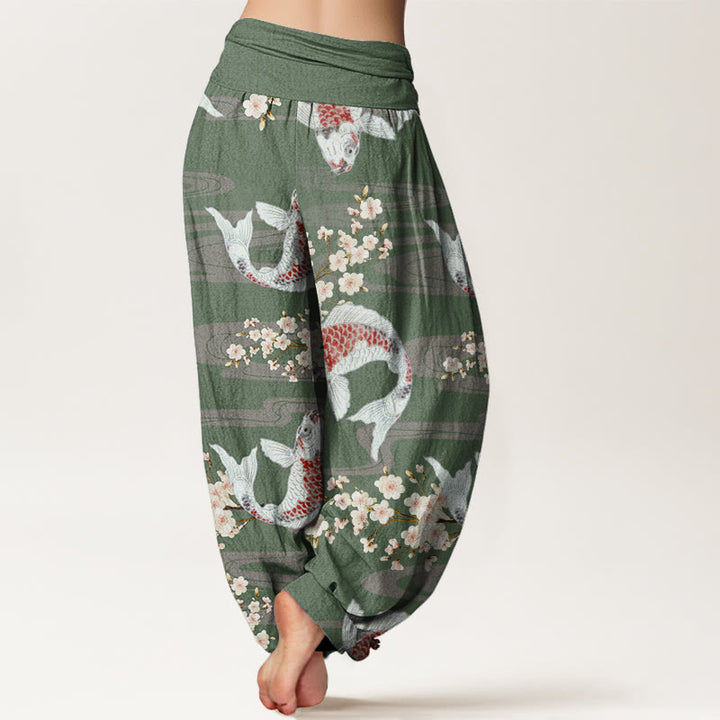 Buddha Stones Lässige Haremshose mit Kirschblüten-Koi-Fisch-Muster für Damen, elastische Taille - image 7