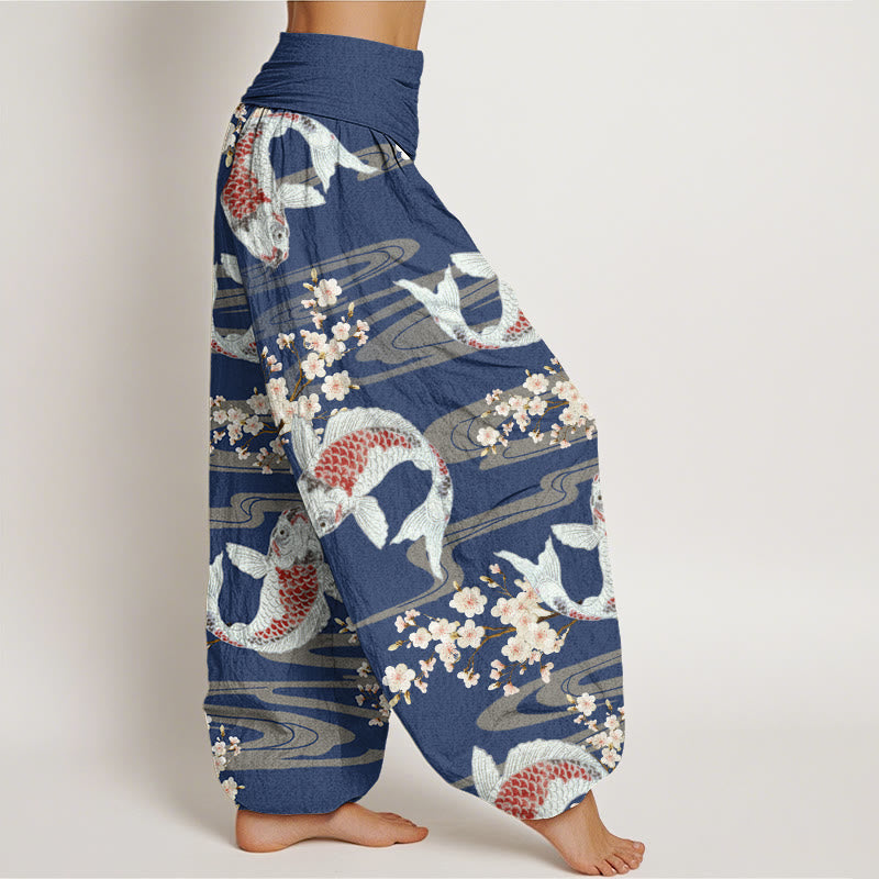 Buddha Stones Lässige Haremshose mit Kirschblüten-Koi-Fisch-Muster für Damen, elastische Taille - image 9