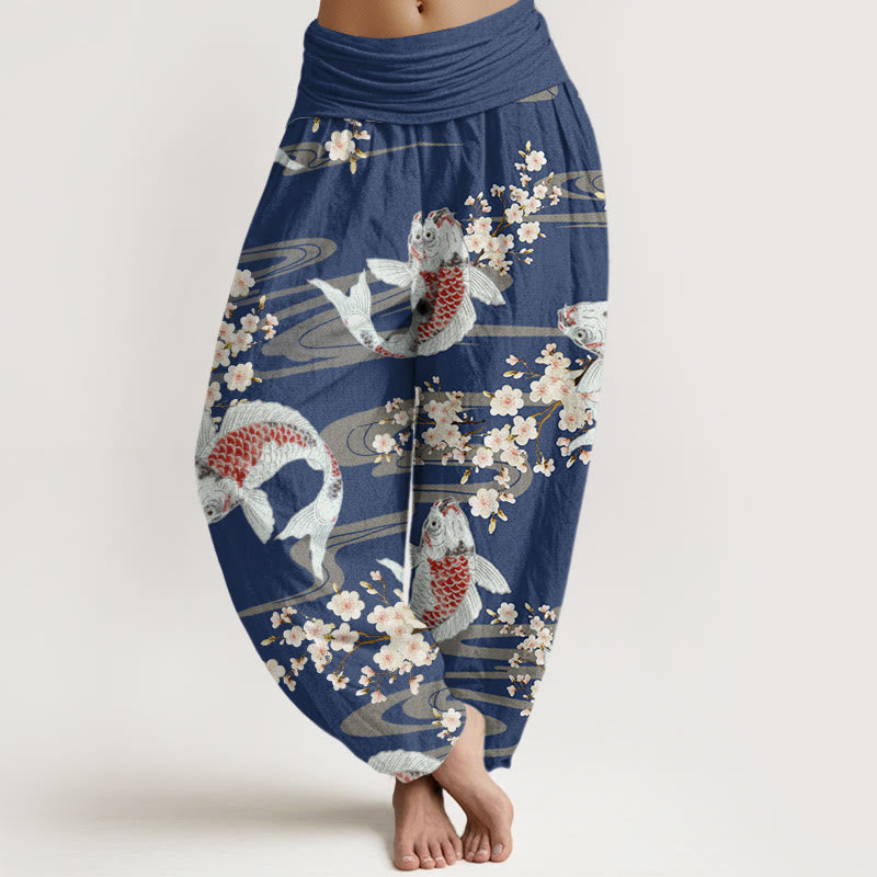 Buddha Stones Lässige Haremshose mit Kirschblüten-Koi-Fisch-Muster für Damen, elastische Taille - Stahlblau - US22， UK/AU26，EU54 (6XL) - image 8