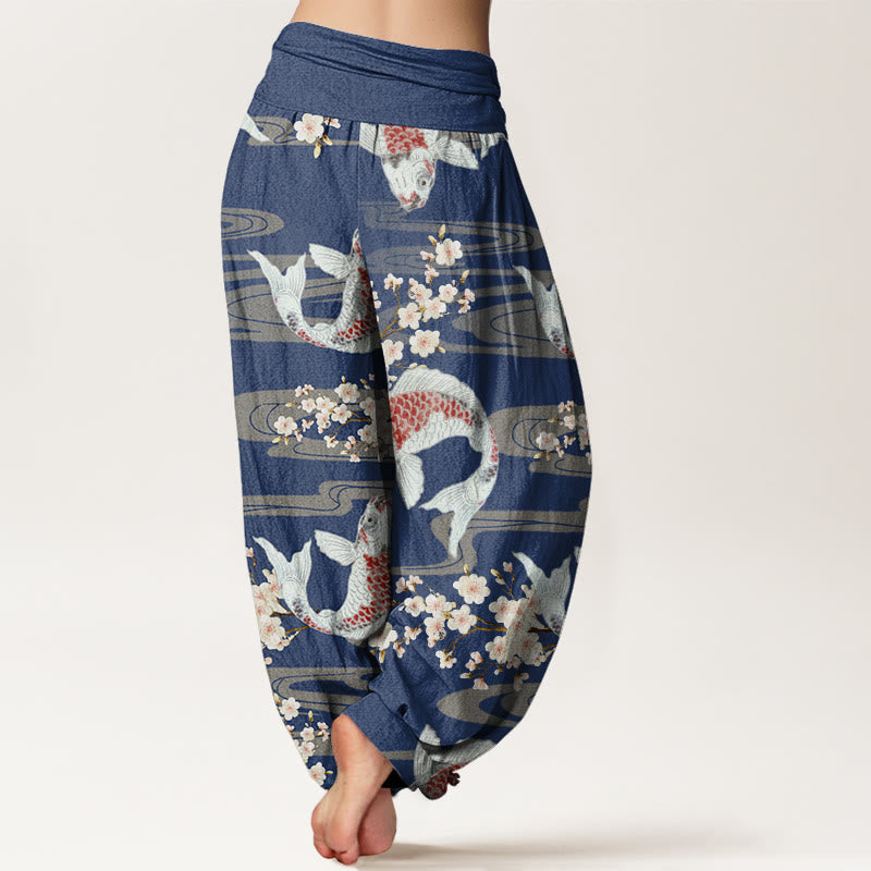 Buddha Stones Lässige Haremshose mit Kirschblüten-Koi-Fisch-Muster für Damen, elastische Taille - image 10
