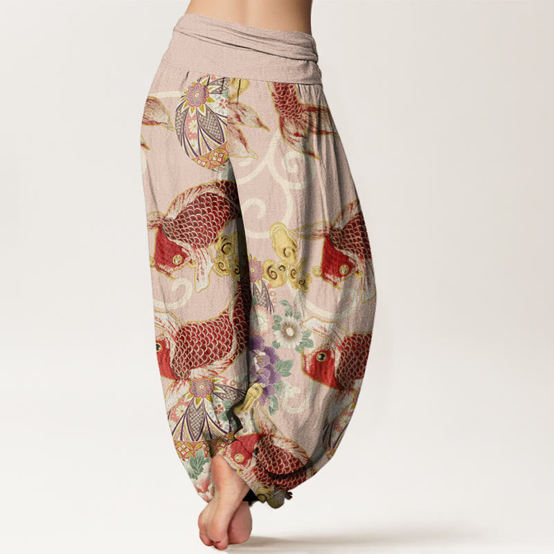 Buddha Stones Lässige Haremshose mit Blumen-Koi-Muster für Damen, elastische Taille - image 3