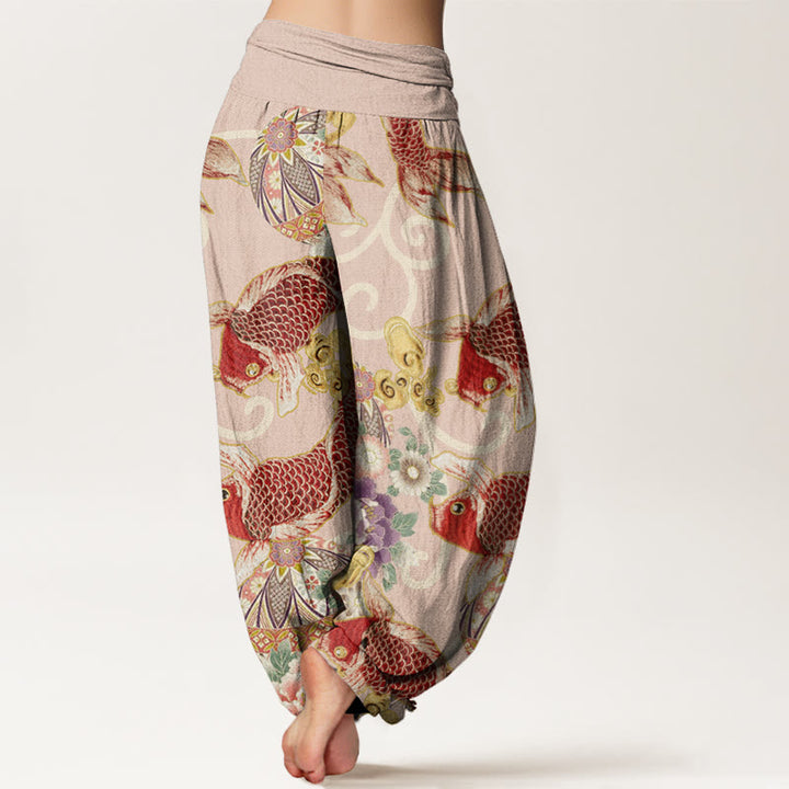 Buddha Stones Lässige Haremshose mit Blumen-Koi-Muster für Damen, elastische Taille - image 3