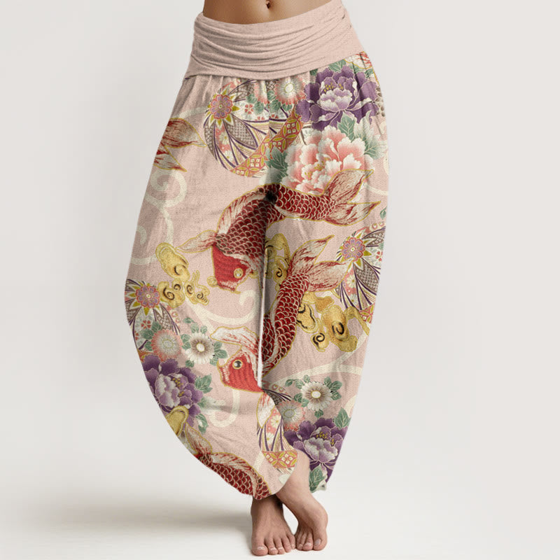 Buddha Stones Lässige Haremshose mit Blumen-Koi-Muster für Damen, elastische Taille - Rosa - US22， UK/AU26，EU54 (6XL) - image 1