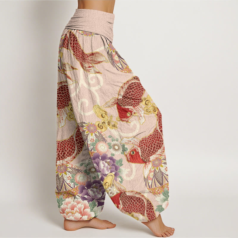 Buddha Stones Lässige Haremshose mit Blumen-Koi-Muster für Damen, elastische Taille - image 2