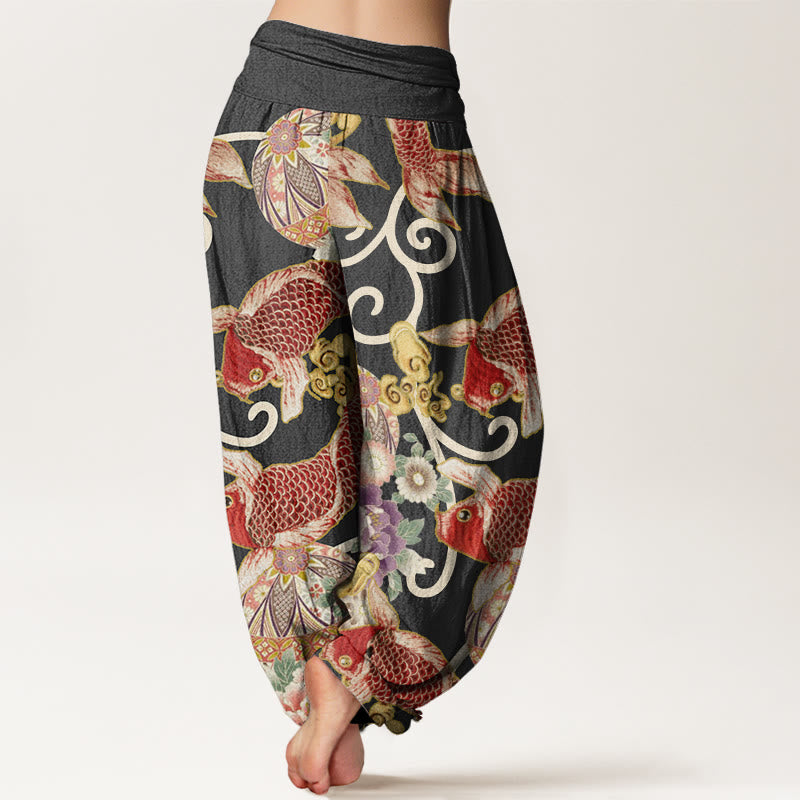 Buddha Stones Lässige Haremshose mit Blumen-Koi-Muster für Damen, elastische Taille - image 7