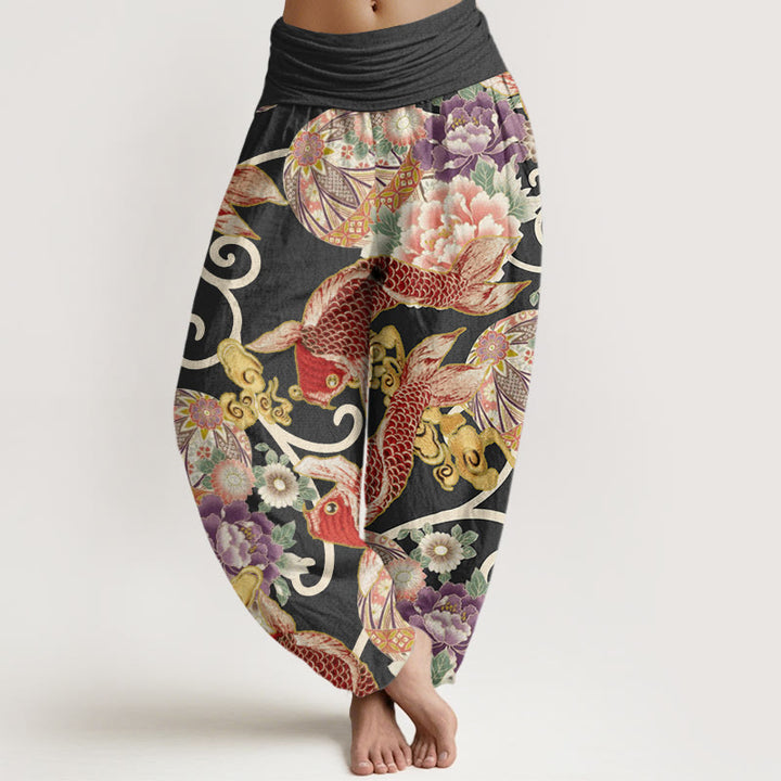 Buddha Stones Lässige Haremshose mit Blumen-Koi-Muster für Damen, elastische Taille - Schwarz - US22， UK/AU26，EU54 (6XL) - image 5