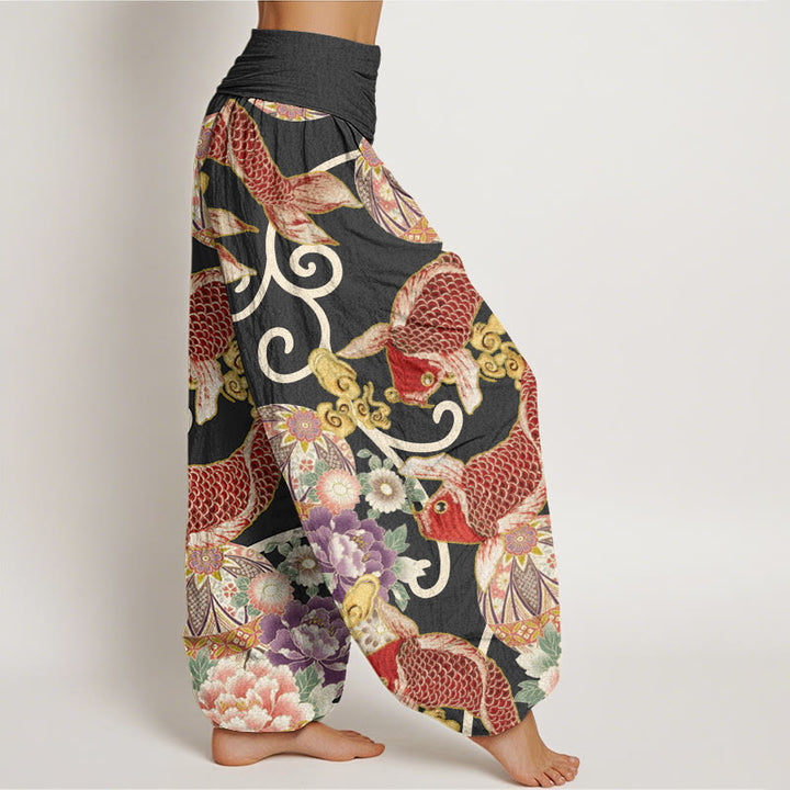 Buddha Stones Lässige Haremshose mit Blumen-Koi-Muster für Damen, elastische Taille - image 6