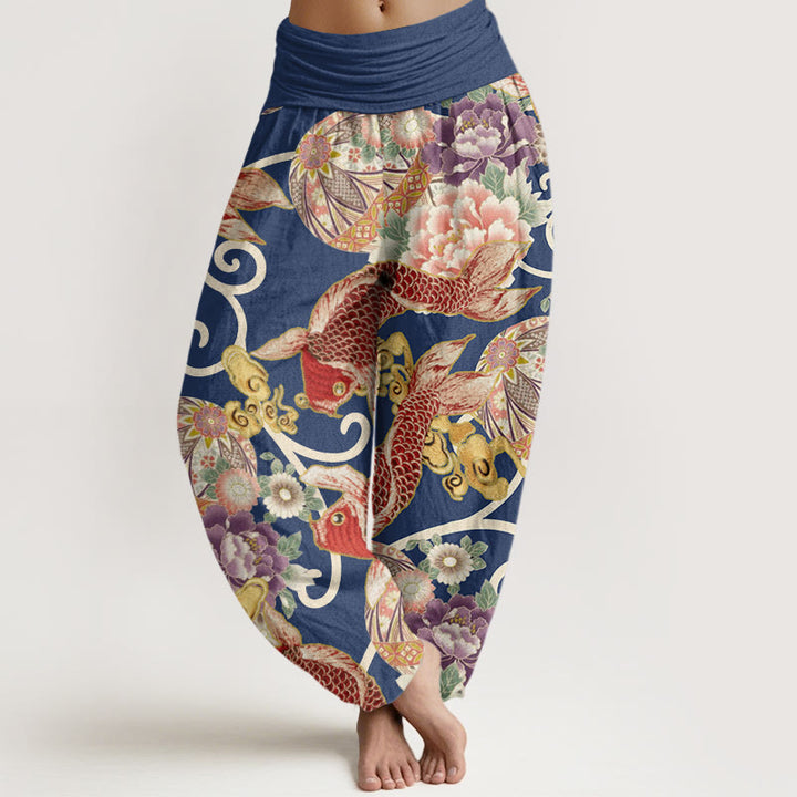 Buddha Stones Lässige Haremshose mit Blumen-Koi-Muster für Damen, elastische Taille - Stahlblau - US22， UK/AU26，EU54 (6XL) - image 8