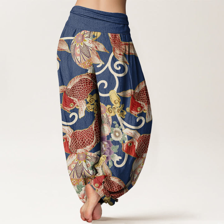 Buddha Stones Lässige Haremshose mit Blumen-Koi-Muster für Damen, elastische Taille - image 10