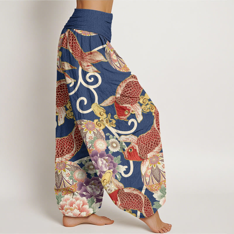 Buddha Stones Lässige Haremshose mit Blumen-Koi-Muster für Damen, elastische Taille - image 9