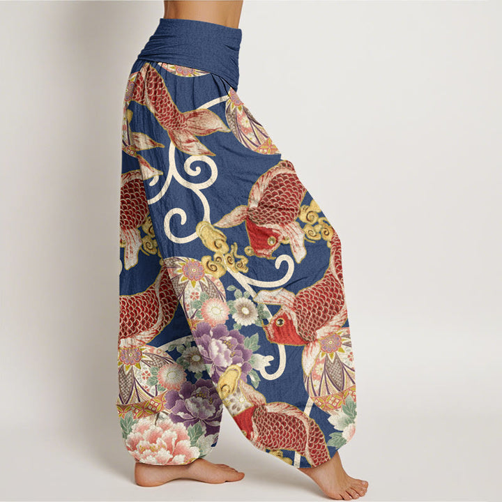 Buddha Stones Lässige Haremshose mit Blumen-Koi-Muster für Damen, elastische Taille - image 9