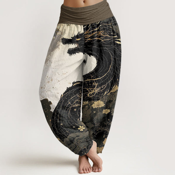 Buddha Stones Damen Haremshose aus reiner Baumwolle mit lässigem Drachen- und Baummuster und elastischer Taille