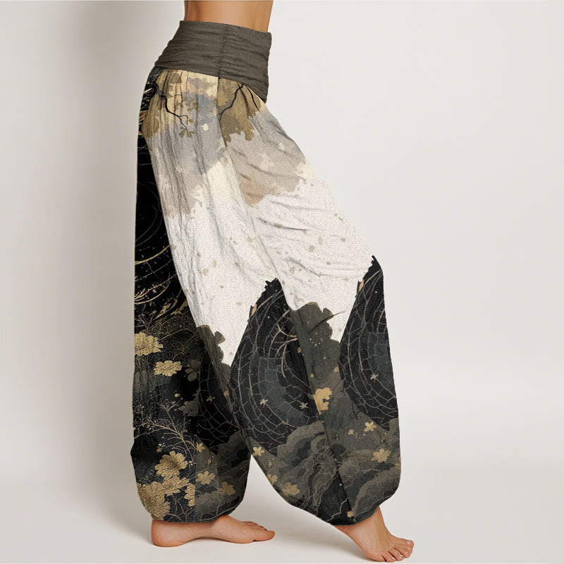 Buddha Stones Damen Haremshose aus reiner Baumwolle mit lässigem Drachen- und Baummuster und elastischer Taille