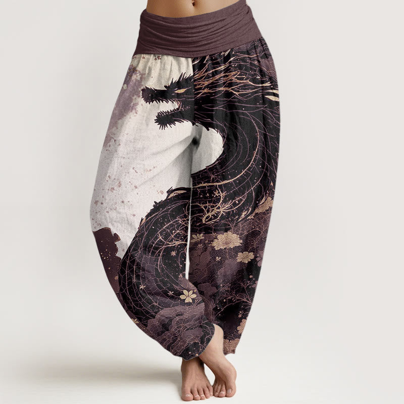 Buddha Stones Damen Haremshose aus reiner Baumwolle mit lässigem Drachen- und Baummuster und elastischer Taille