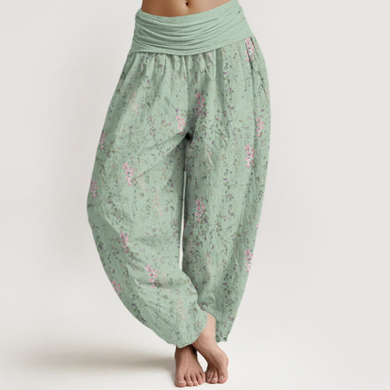 Buddha Stones Lässige Haremshose für Damen mit elastischer Taille und kleinem Blumenmuster - MittelAquamarin - US22， UK/AU26，EU54 (6XL) - image 1