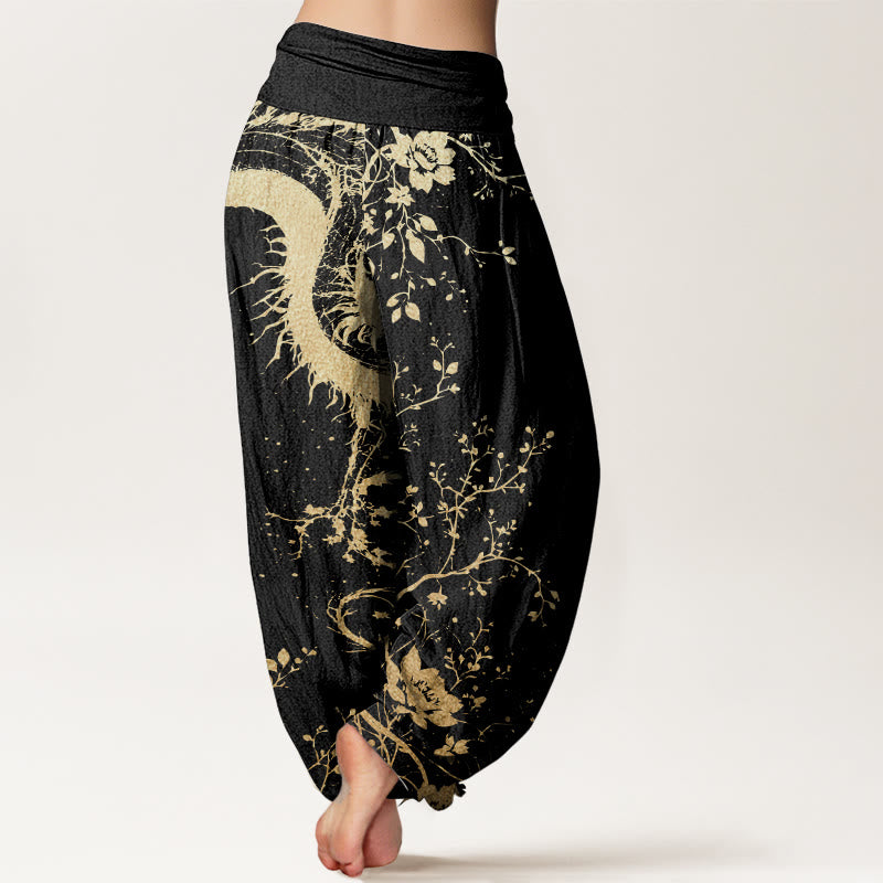 Buddha Stones Damen-Haremshose aus reiner Baumwolle mit lässigem Drachen-Blumen-Blatt-Muster und elastischer Taille