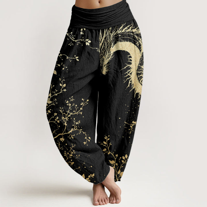 Buddha Stones Damen-Haremshose aus reiner Baumwolle mit lässigem Drachen-Blumen-Blatt-Muster und elastischer Taille