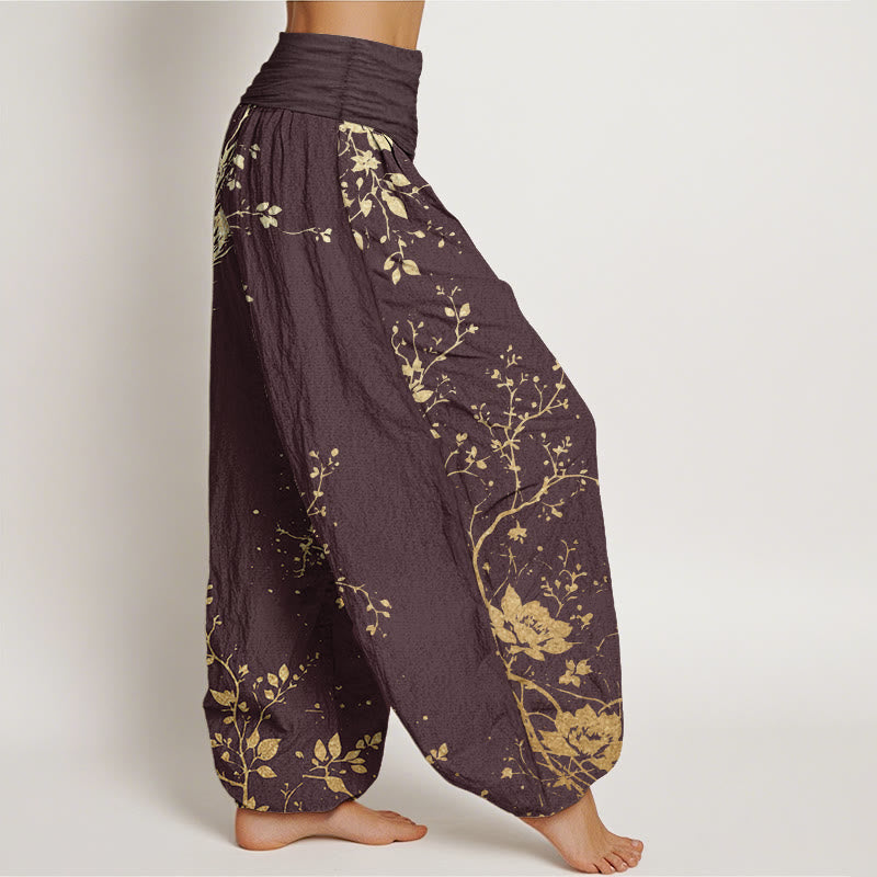 Buddha Stones Damen-Haremshose aus reiner Baumwolle mit lässigem Drachen-Blumen-Blatt-Muster und elastischer Taille