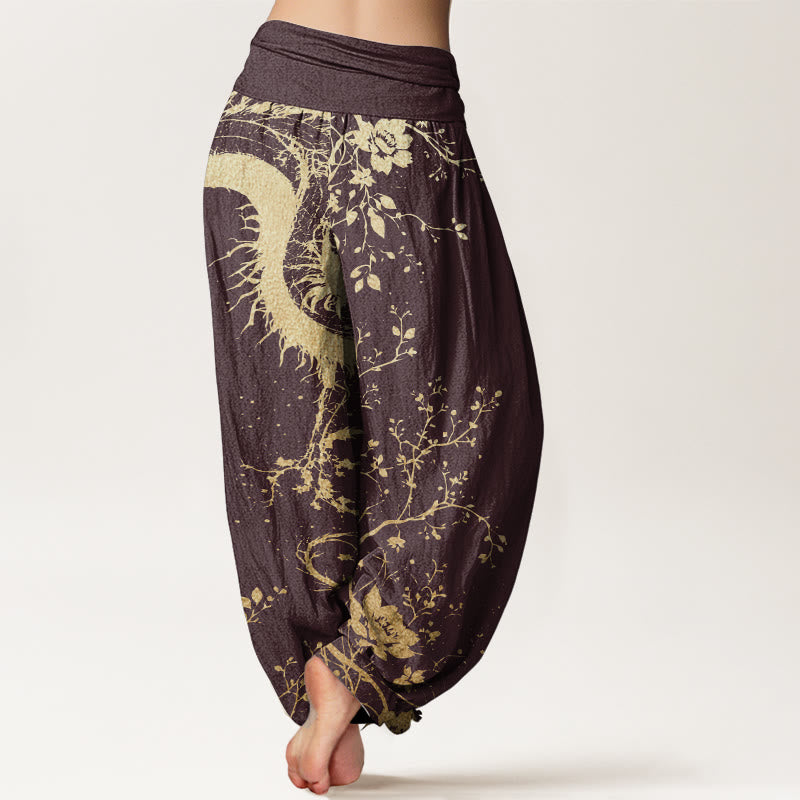 Buddha Stones Damen-Haremshose aus reiner Baumwolle mit lässigem Drachen-Blumen-Blatt-Muster und elastischer Taille