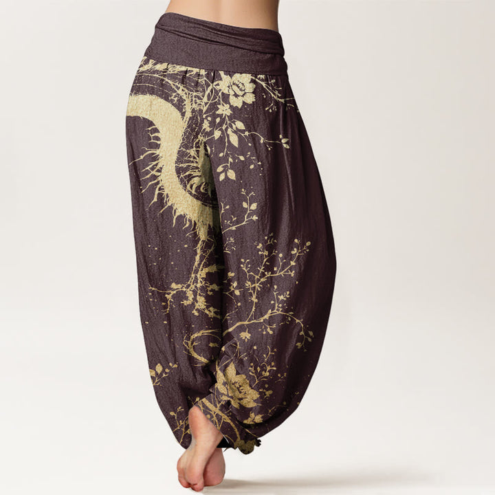 Buddha Stones Damen-Haremshose aus reiner Baumwolle mit lässigem Drachen-Blumen-Blatt-Muster und elastischer Taille