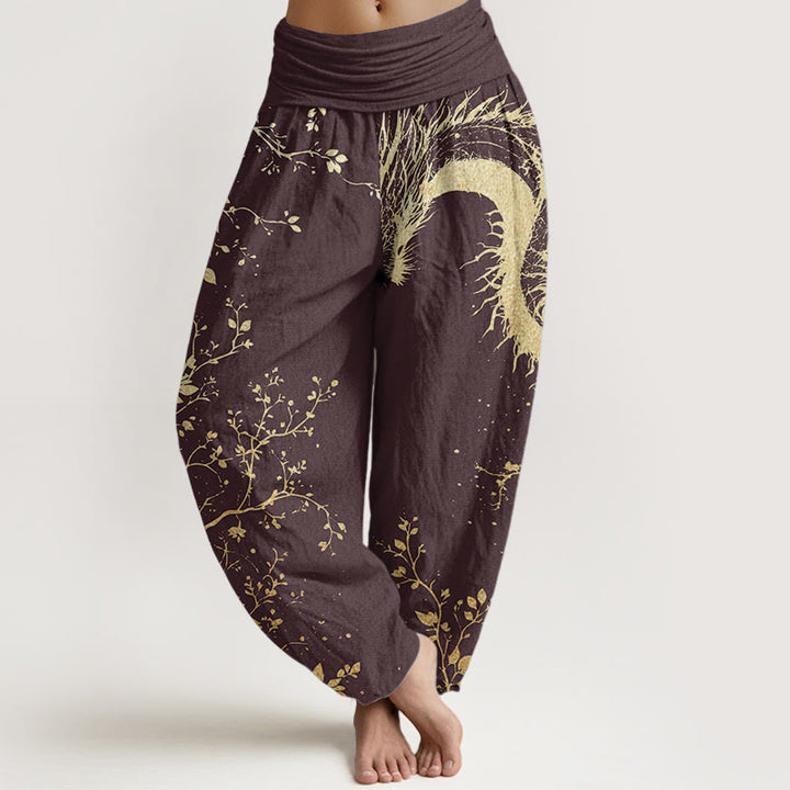 Buddha Stones Damen-Haremshose aus reiner Baumwolle mit lässigem Drachen-Blumen-Blatt-Muster und elastischer Taille