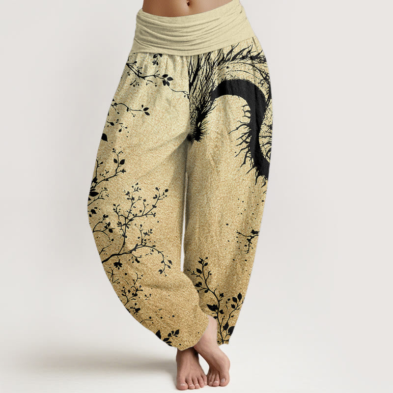 Buddha Stones Damen-Haremshose aus reiner Baumwolle mit lässigem Drachen-Blumen-Blatt-Muster und elastischer Taille