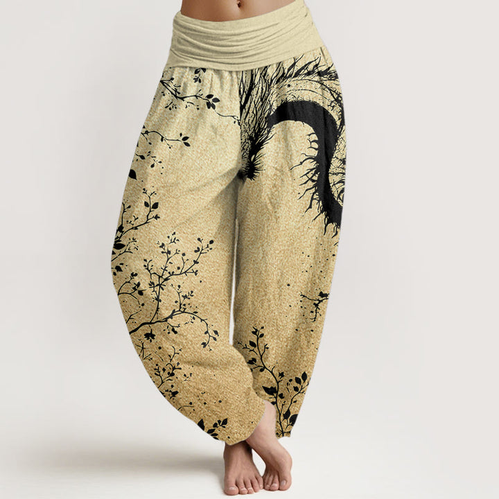 Buddha Stones Damen-Haremshose aus reiner Baumwolle mit lässigem Drachen-Blumen-Blatt-Muster und elastischer Taille