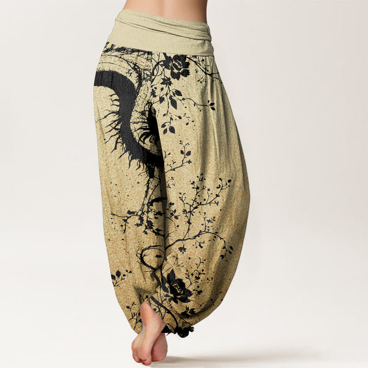 Buddha Stones Damen-Haremshose aus reiner Baumwolle mit lässigem Drachen-Blumen-Blatt-Muster und elastischer Taille