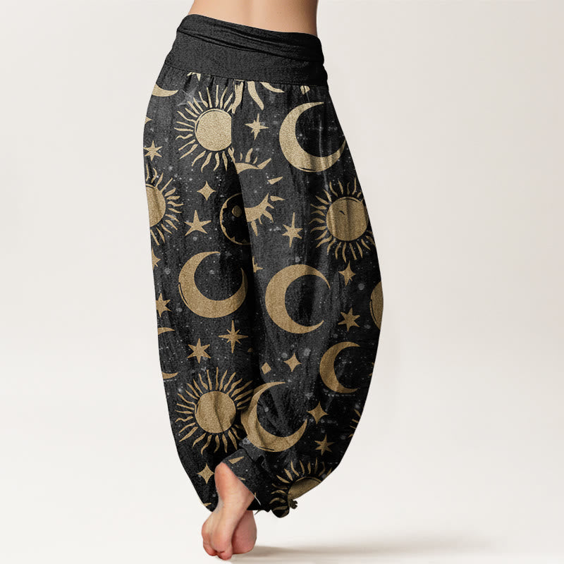 Haremshose aus reiner Baumwolle mit Buddha Stones, Halbmond, Sonne, Sterne, Musterdesign, elastischer Bund für Damen