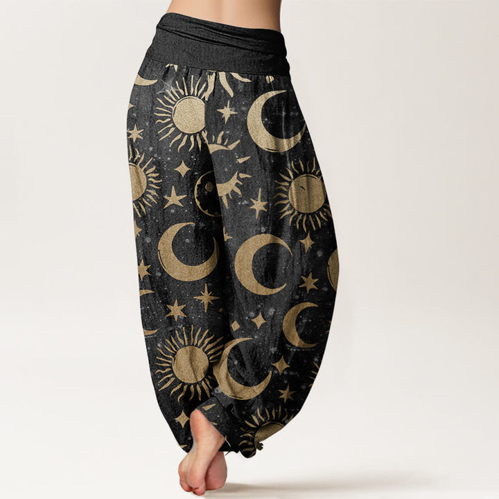 Haremshose aus reiner Baumwolle mit Buddha Stones, Halbmond, Sonne, Sterne, Musterdesign, elastischer Bund für Damen