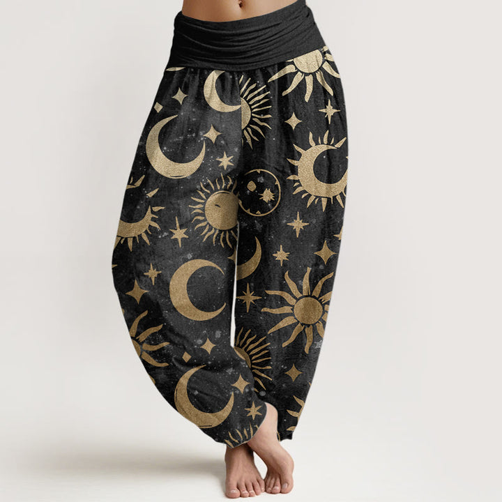 Haremshose aus reiner Baumwolle mit Buddha Stones, Halbmond, Sonne, Sterne, Musterdesign, elastischer Bund für Damen