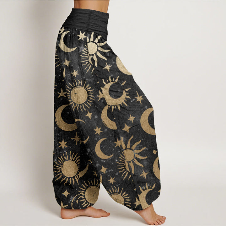 Haremshose aus reiner Baumwolle mit Buddha Stones, Halbmond, Sonne, Sterne, Musterdesign, elastischer Bund für Damen