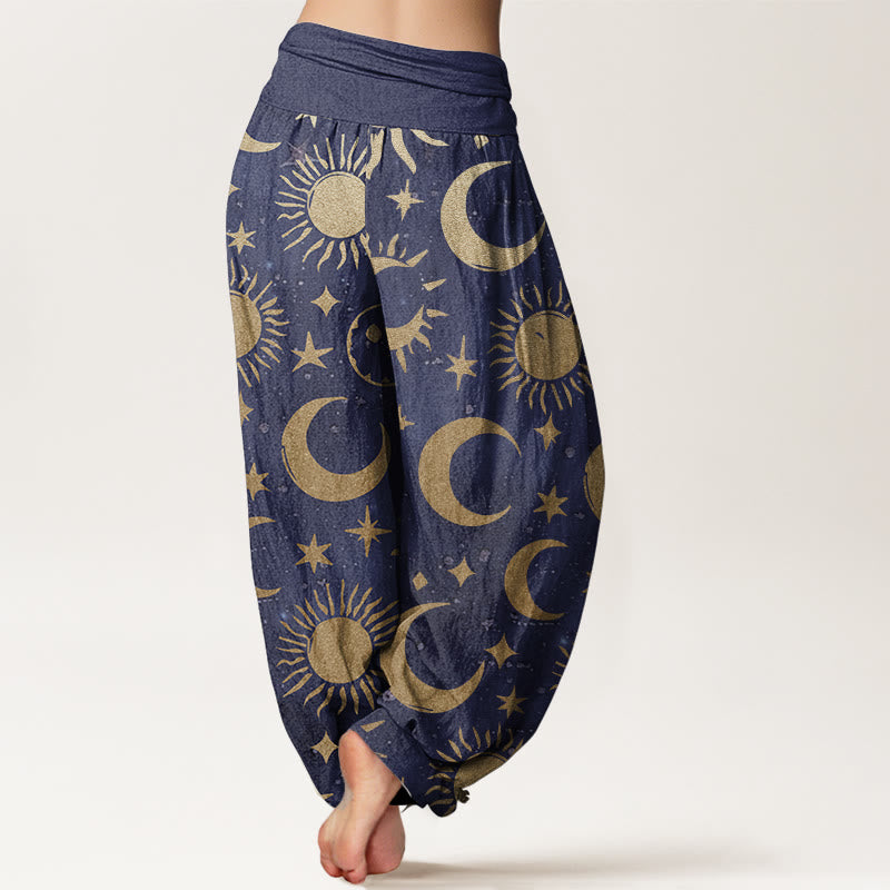 Haremshose aus reiner Baumwolle mit Buddha Stones, Halbmond, Sonne, Sterne, Musterdesign, elastischer Bund für Damen