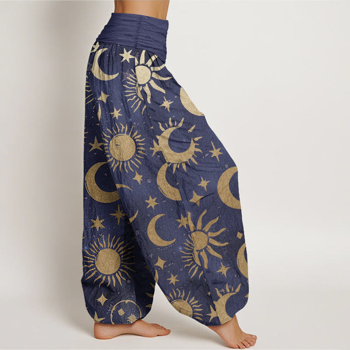 Haremshose aus reiner Baumwolle mit Buddha Stones, Halbmond, Sonne, Sterne, Musterdesign, elastischer Bund für Damen