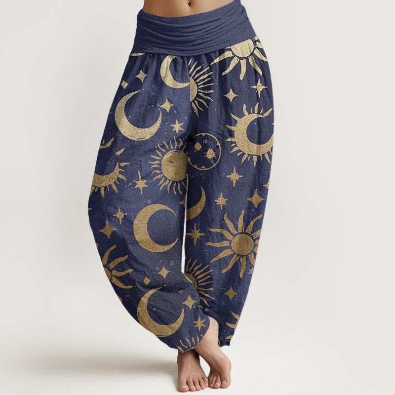 Haremshose aus reiner Baumwolle mit Buddha Stones, Halbmond, Sonne, Sterne, Musterdesign, elastischer Bund für Damen