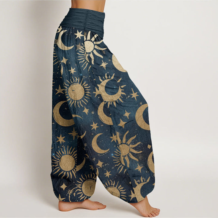 Haremshose aus reiner Baumwolle mit Buddha Stones, Halbmond, Sonne, Sterne, Musterdesign, elastischer Bund für Damen