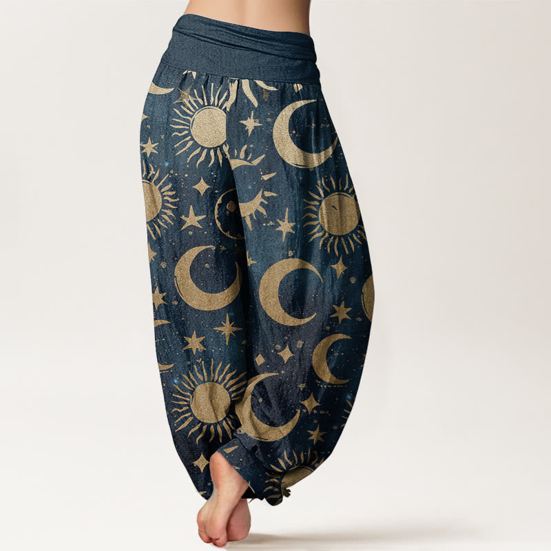 Haremshose aus reiner Baumwolle mit Buddha Stones, Halbmond, Sonne, Sterne, Musterdesign, elastischer Bund für Damen