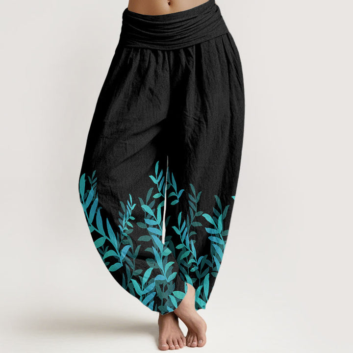 Buddha Stones Damen-Haremshose aus reiner Baumwolle mit Blättermuster und elastischer Taille