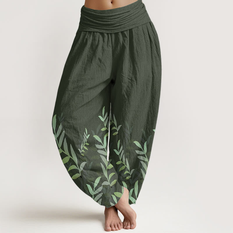 Buddha Stones Damen-Haremshose aus reiner Baumwolle mit Blättermuster und elastischer Taille