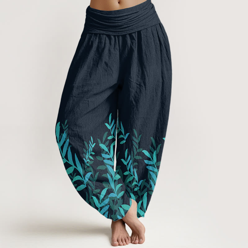 Buddha Stones Damen-Haremshose aus reiner Baumwolle mit Blättermuster und elastischer Taille