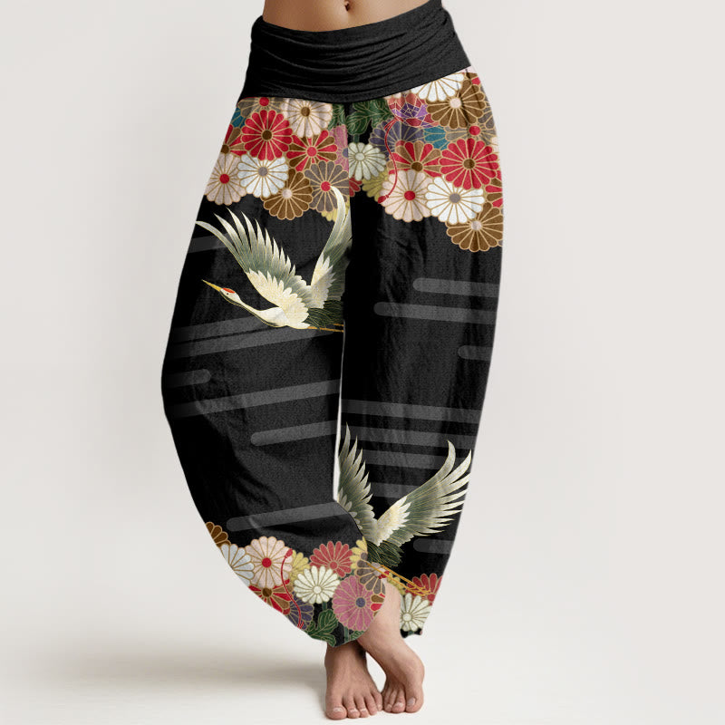 Buddha Stones Lässige Haremshose mit Kranich-Chrysanthemen-Muster für Damen, elastische Taille - Schwarz - US22， UK/AU26，EU54 (6XL) - image 1