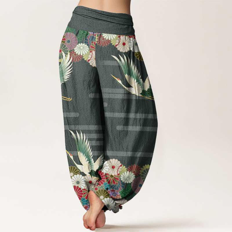 Buddha Stones Baumwoll-Haremshose mit Kranich-Chrysanthemenmuster und elastischem Bund für Damen - image 6