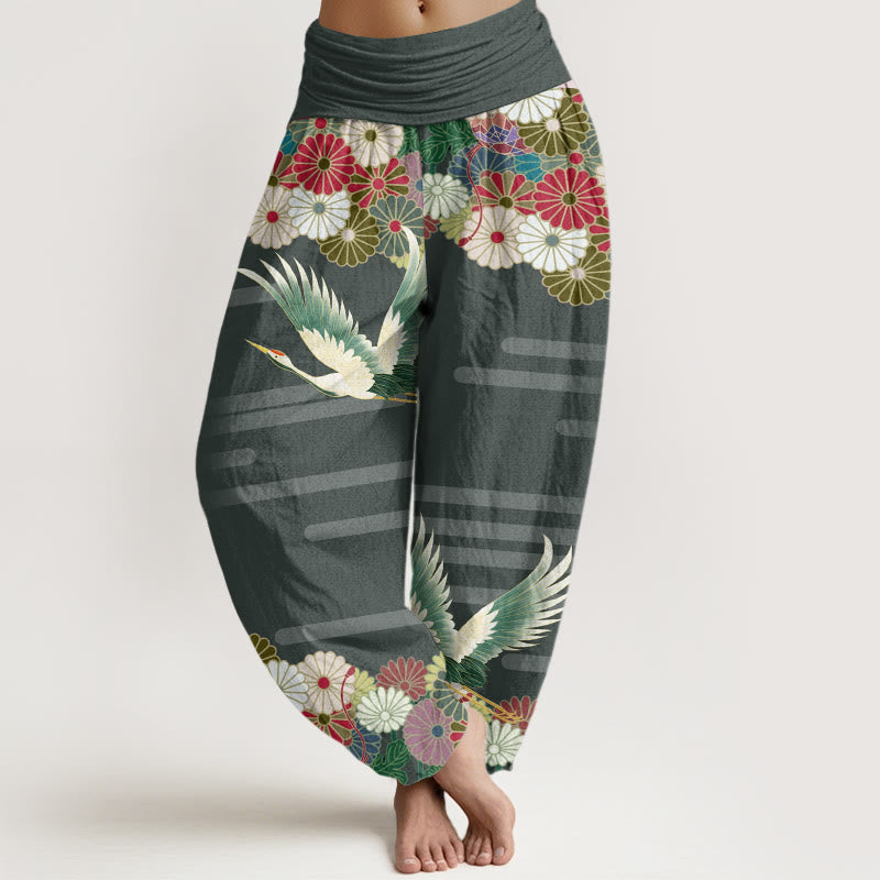 Buddha Stones Lässige Haremshose mit Kranich-Chrysanthemen-Muster für Damen, elastische Taille - Seegrün - US22， UK/AU26，EU54 (6XL) - image 5