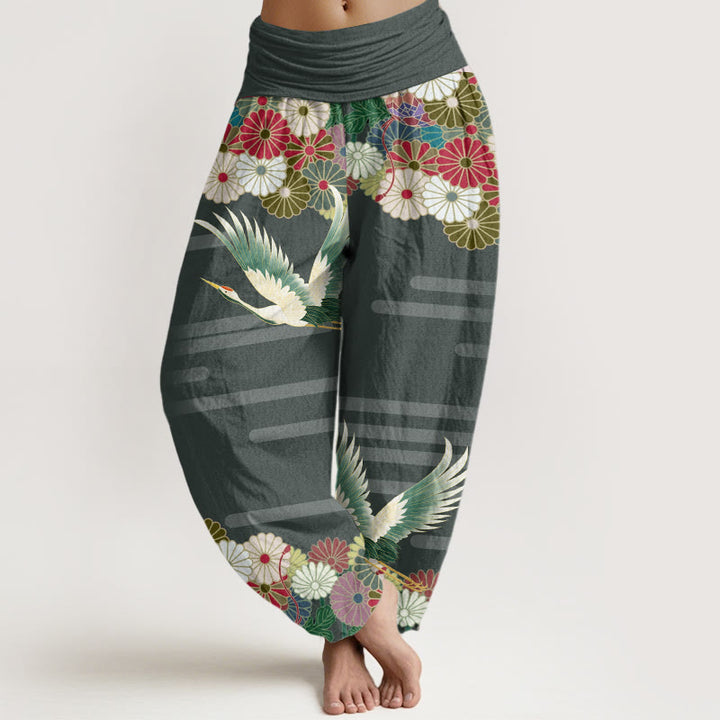 Buddha Stones Lässige Haremshose mit Kranich-Chrysanthemen-Muster für Damen, elastische Taille - Seegrün - US22， UK/AU26，EU54 (6XL) - image 5