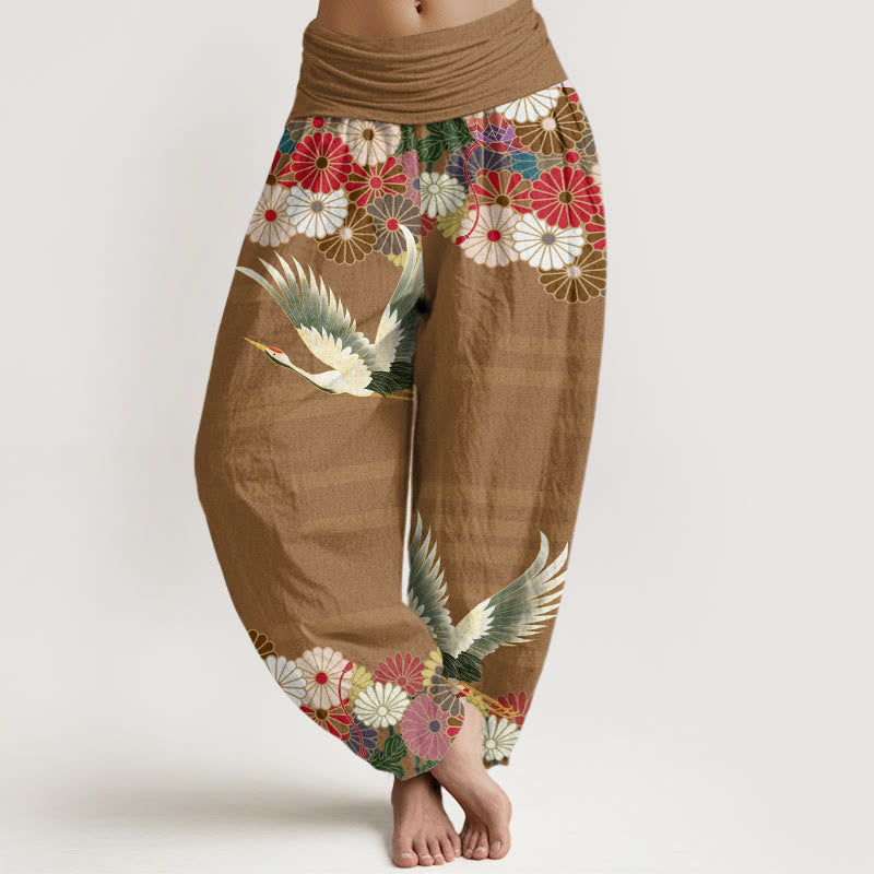 Buddha Stones Lässige Haremshose mit Kranich-Chrysanthemen-Muster für Damen, elastische Taille - Dunkle Goldrute - US22， UK/AU26，EU54 (6XL) - image 8