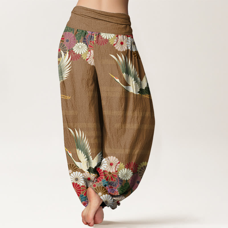 Buddha Stones Lässige Haremshose mit Kranich-Chrysanthemen-Muster für Damen, elastische Taille - image 10