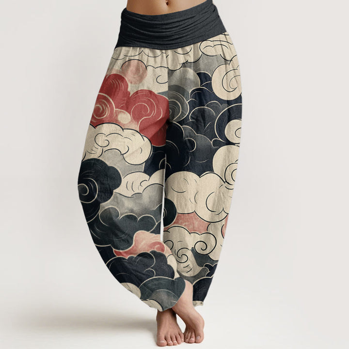 Buddha Stones Damen-Haremshose aus reiner Baumwolle mit glückverheißendem Wolkenmuster und elastischer Taille