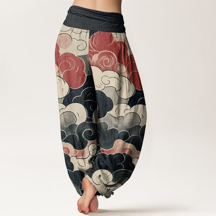 Buddha Stones Damen-Haremshose aus reiner Baumwolle mit glückverheißendem Wolkenmuster und elastischer Taille