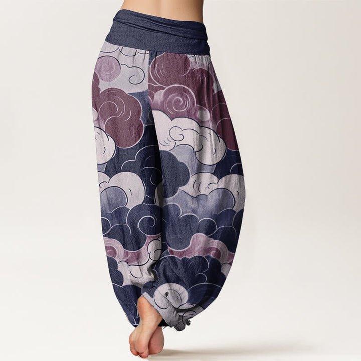 Buddha Stones Damen-Haremshose aus reiner Baumwolle mit glückverheißendem Wolkenmuster und elastischer Taille