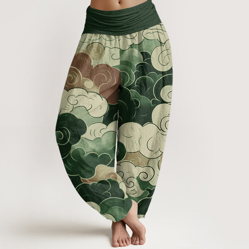 Buddha Stones Damen-Haremshose aus reiner Baumwolle mit glückverheißendem Wolkenmuster und elastischer Taille